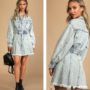 We The Free Chain Of Command Acid Wash Denim Long Sleeve Mini Dress